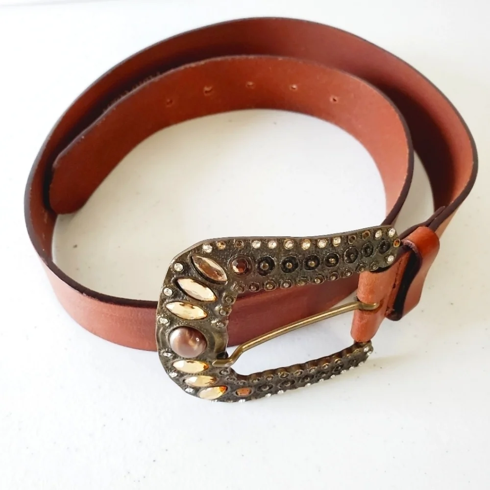 Fabio Corti Genuine Leather Belt Brown Jeweled Beaded Oversized Buckle‎ Italy